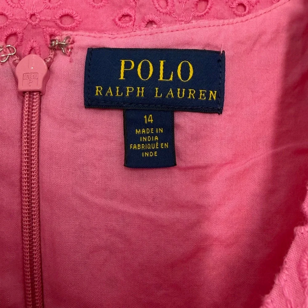 Polo Ralph Lauren Girls Pink Eyelet Lace Flutter Sleeve Dress Size 14 Cotton
